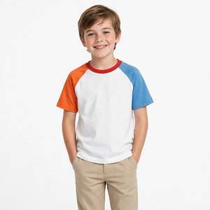 Camiseta de Manga Corta para Niños, Cuello Redondo, Estilo Raglán, Bloques de Color, Jersey Sólido Informal, 100% Algodón, Blanca, Naranja, Azul - Product Image 1