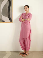 Robe midi rose à col Henley, manches trois quarts, coupe ample, en coton et lin, décontractée, toutes saisons, couleur unie, tissu tissé