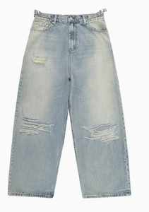 Jean déchiré coupe droite pour homme, taille haute, coupe ample, denim délavé, style décontracté printemps, tissu en coton délavé clair - Product Image 6