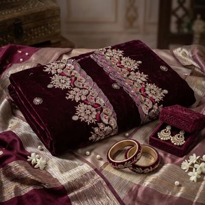 Dupatta de luxe en velours avec broderie lourde en Zari argenté et sequins, bordure festonnée, châle de mariée indien pour femmes, idéal pour les cadeaux - Product Image 3