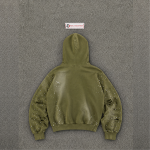 Sudadera con capucha oversize para hombre Olive Zip-Up, estilo streetwear, de algodón French Terry, con diseño de estampado roto y efecto spray, para otoño, uso diario. - Product Image 6