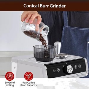 Machine à expresso semi-automatique, pression de 20 bars, 30 réglages de mouture, buse vapeur pour mousse de lait - Product Image 4