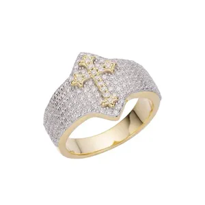 Men's 925 <b>Silver</b> 18K Gold Filled Moissanite Cocktail <b>Ring</b> Round Brilliant Cut Pave Setting <b>Cross</b> Religious Style - Product Image 4