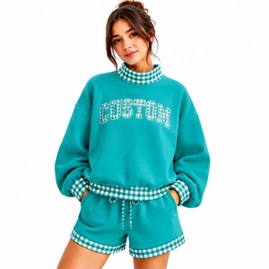 Custom Logo Color High Quality Oversized French Terry Cotton Plain Mock Neck Sweatshirt Two Piece Sweat Shorts Women <b>Set</b> - Product Image 2