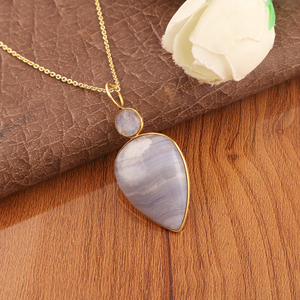 Pendentif de mode en pierre de lune et agate bleue dentelle, en laiton massif plaqué or 18 carats, forme poire et ronde, bijoux les plus vendus en gros - Product Image 6
