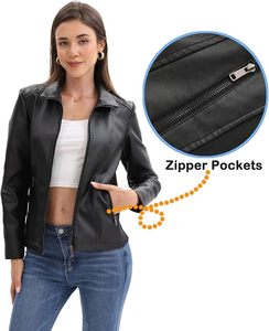 Women's Black PU Leather Moto Jacket With <b>Zipper</b> Closure Turn Down Collar Full Sleeve Autumn Windproof Style - Product Image 5