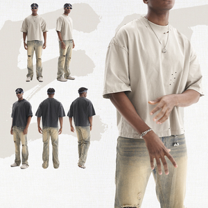 T-shirt Streetwear Homme Personnalisable Logo Coton Lourd 100% Coupe Oversize Vintage Effet Vieilli Court et Boxy 2026 - Product Image 2