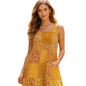 เดรสผ้าฝ้ายปะติดปะต่อแขนกุดสำหรับผู้หญิง สีเหลือง คอเสื้อทำมือ สไตล์โบฮีเมียน ชุดลำลองฤดูร้อน ไซส์เดียว - Product Image 1