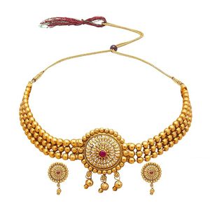 Gold Plated Imitation Pearl Choker Necklace Earring Set Ethnic Wedding & Party <b>Jewelry</b> for Women - Product Image 3