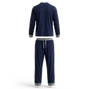 Ensemble de pyjama pour homme en bleu foncé à manches longues avec bordure grise, tricot doux 100% coton, vêtements décontractés pour l'automne - Product Image 4