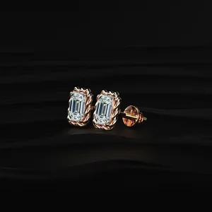 <b>Emerald</b> Cut Diamond <b>Stud</b> <b>Earrings</b> with Twisted Rope Frame Rose Gold Diamond Jewelry Daily Wear Diamond <b>Earrings</b> for Sale Export - Product Image 2