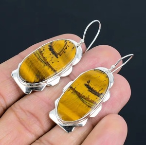 925 <b>Sterling</b> <b>Silver</b> Tiger Eye Gemstone Dangle Earrings Handmade French <b>Wire</b> Hoop Earrings Natural Stone Jewelry - Product Image 5