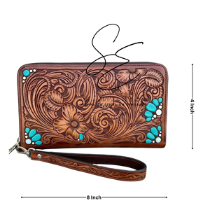 Portefeuille-pochette en cuir véritable artisanal, zippé, pour femmes, avec emplacements pour cartes et compartiments pour billets. - Product Image 3