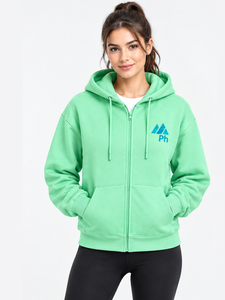 Hot Selling 100% Cotton 350gsm Heavy Weight Mint Green Zip-Up Hoodie With Front Logo Regular Fit Fleece Casual Sweatshirt Autumn - Product Image 3