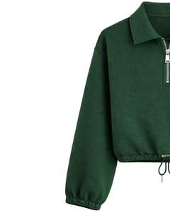 Sudadera Corta Verde Personalizada para Mujer con Cierre de Cremallera, Estilo Casual, con Cordón Ajustable en el Bajo, de Felpa Suave, Algodón y Poliéster, para Invierno - Product Image 2