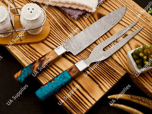 Ensemble de couteaux de chef professionnels forgés à la main en acier Damas, couteau à découper et fourchette, manche personnalisable en résine d'olivier, OEM/ODM - Product Image 4