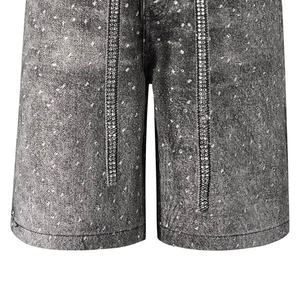 Shorts en jean unisexes de haute qualité, effet délavé, entièrement ornés de strass, sur mesure, shorts en jean brillants pour hommes - Product Image 4