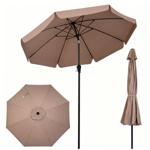 Ombrellone da Esterno Marrone 2.5m-2.7m con Bordo Ondulato, Apertura a Pulsante, Sollevamento a Manovella, Ventilato, con Stecche in Fibra di Vetro, Protezione Solare - Product Image 1