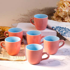 Ensemble de 6 tasses à thé en céramique brillantes bicolores de 400 ml, mugs en grès émaillé compatibles micro-ondes avec soucoupes, impression personnalisable - Product Image 5