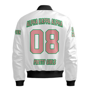 เสื้อแจ็คเก็ตบอมเบอร์ Alpha Aka สีขาว ชมพู เขียว พิมพ์ลายตัวอักษรกรีก พร้อมซิปด้านหน้า สำหรับผู้หญิงและผู้ชาย - Product Image 3