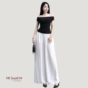 Pantalon décontracté pour femme à taille élastique, avec perles et nœud, coupe droite, style coréen, jambe large, streetwear - Product Image 1