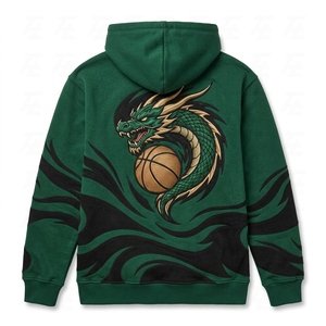 Sweat-shirt à capuche vert pour homme avec logo de dragon, imprimé flamme, poche kangourou, fabriqué au Pakistan - Product Image 2