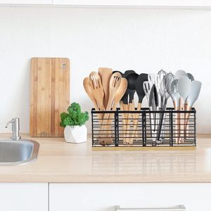 Porte-ustensiles de cuisine à 4 compartiments, organisateur de couverts en bois, support de rangement de comptoir, porte-argenterie rustique pour la maison - Product Image 4
