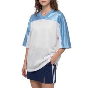 Maillot de football pour femmes blanc et bleu en maille avec col en satin, vêtements de sport athlétiques, vente en gros - Product Image 4