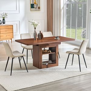 Set Tavolo da Pranzo Allungabile 59-71 Pollici con Sedie, Tavolo in MDF Noce con 4 Sedie in PU Artificiale Grigio Caldo per Sala da Pranzo - Product Image 1