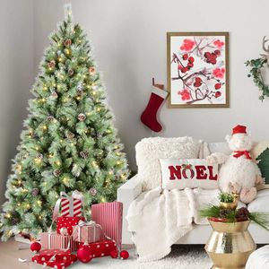 Árbol de Navidad de vacaciones realista completo de 6 pies 300 luces LED blancas cálidas 988 puntas de aguja dura de PVC 66 conos de pino de rama con bisagras resistentes - Product Image 1