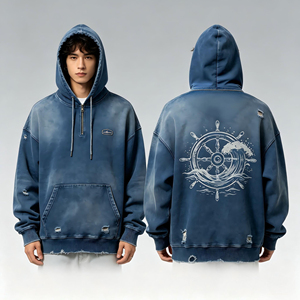 Sweat à capuche homme personnalisé avec logo, coupe ample vintage vieillie, en molleton bouclette 360 g/m², sans cordon, délavé à l'acide, coupe oversize et épaisse - Product Image 2