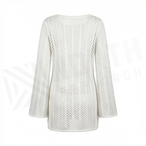Túnica Blanca de Punto para Mujer, Manga Larga, Cuello Redondo, Diseño Geométrico, Transpirable, Corte Regular - Product Image 2