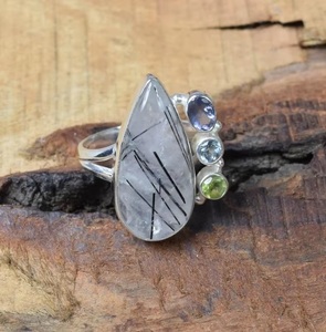 Wholesale Natural <b>Black</b> Rutile 925 Sterling Silver Multi Gemstone <b>Ring</b> with Iolite and Peridot Handmade Elegant Jewelry - Product Image 3