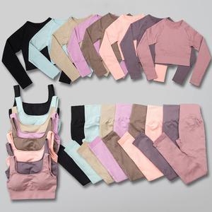 High Waist Yoga Set Women 2 Piece Full Length <b>Leggings</b> <b>Crop</b> Top Seamless Spandex Polyester Activewear Custom Logo - Product Image 2