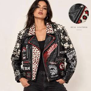 Chaqueta de Motociclista de Cuero Genuino para Mujer MH, Manga Larga, Decorada con Remaches y Parches, Cierre de Cremallera, Cuello Camisero, Estilo Otoñal - Product Image 1