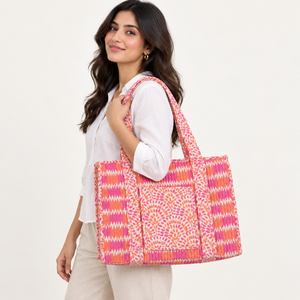 Sac fourre-tout matelassé bohème avec fermeture éclair et poche, prêt pour l'automne et les voyages, sac à main de plage et d'été pour femme en coton - Product Image 1