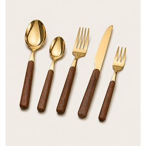 Juego de Cubiertos de Acero Inoxidable Dorado de Diseño de Lujo con Mangos Ergonómicos de Madera, Acabado Pulido Espejo, Cubertería Ecológica para la Venta - Product Image 1