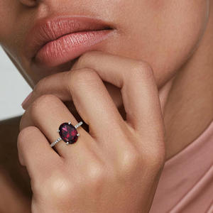 Oval <b>Garnet</b> <b>Ring</b> With Pave Diamond Band 925 <b>Silver</b> Classic Women's Gemstone Engagement <b>Ring</b> - Product Image 2