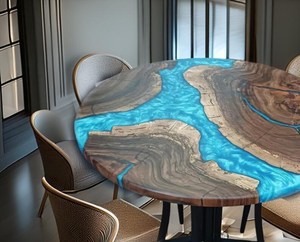 Mesa de Comedor de Resina Epoxi Azure Fusion, Mesa de Madera con Resina Epoxi Azul Cristal, Mesa de Resina Aqua Glow, Mesa de Comedor con Resina Epoxi Ocean Mist - Product Image 1