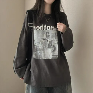 Camisetas de manga larga para mujer, camisetas estampadas a la moda, jerséis holgados informales para primavera y otoño, ropa de calle Vintage, camisetas de algodón suave para mujer - Product Image 2