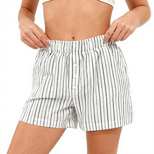 Shorts en coton rayés taille haute avec fermeture boutonnée, décontractés, respirants, pour femmes, coupe classique, tissu Oxford - Product Image 1