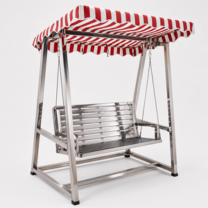Stainless Steel Outdoor <b>Swing</b> <b>Bench</b> With Red White Striped Canopy Garden Patio Porch Balcony Furniture - Product Image 2