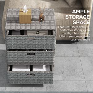 Mobiletto portaoggetti a 3 cassetti in rattan grigio, organizer per piscina in vimini PE con portasciugamani da esterno - Product Image 4