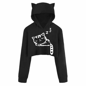 Sweat-shirt à capuche court personnalisé avec broderie, oreilles de chat et imprimé chat endormi, rouge, décontracté, unisexe, pour l'automne, sweat-shirts pour femmes - Product Image 3