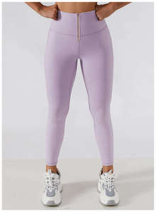 Leggings taille haute pleine longueur avec fermeture éclair avant, sans couture, en Spandex et Polyester, extensibles dans les quatre sens, couleur noire unie, pour le yoga - Product Image 4