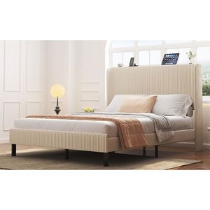 Letto matrimoniale con piattaforma e stazione di ricarica, struttura in metallo, imbottito beige, nessuna rete a molle necessaria, facile da montare e silenzioso - Product Image 2