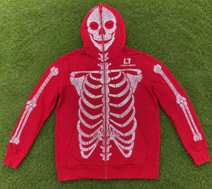 Men’s Red Rhinestone Skeleton Hoodie <b>Jacket</b> with Full Zip Balaclava Mask Crystal Skull Bone Design <b>Gothic</b> Hip Hop Streetwear OEM - Product Image 6