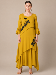 Yellow Collar Western <b>Dress</b> Scoop Neck <b>Bell</b> Full Sleeves Layered Asymmetric Hem Embroidered Printed Women's High Quality <b>Dress</b> - Product Image 1