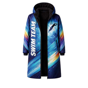 Parka de Natación de Alto Rendimiento con Forro Polar Cálido, Exterior Impermeable, Diseño Abstracto Azul, con Capucha y Corte Largo - Product Image 2