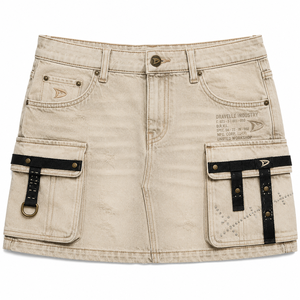 Jupe cargo en jean vintage Dirty Cream coupe ample pour femme, style streetwear d'été avec poches, bretelles noires et rivets - Product Image 1